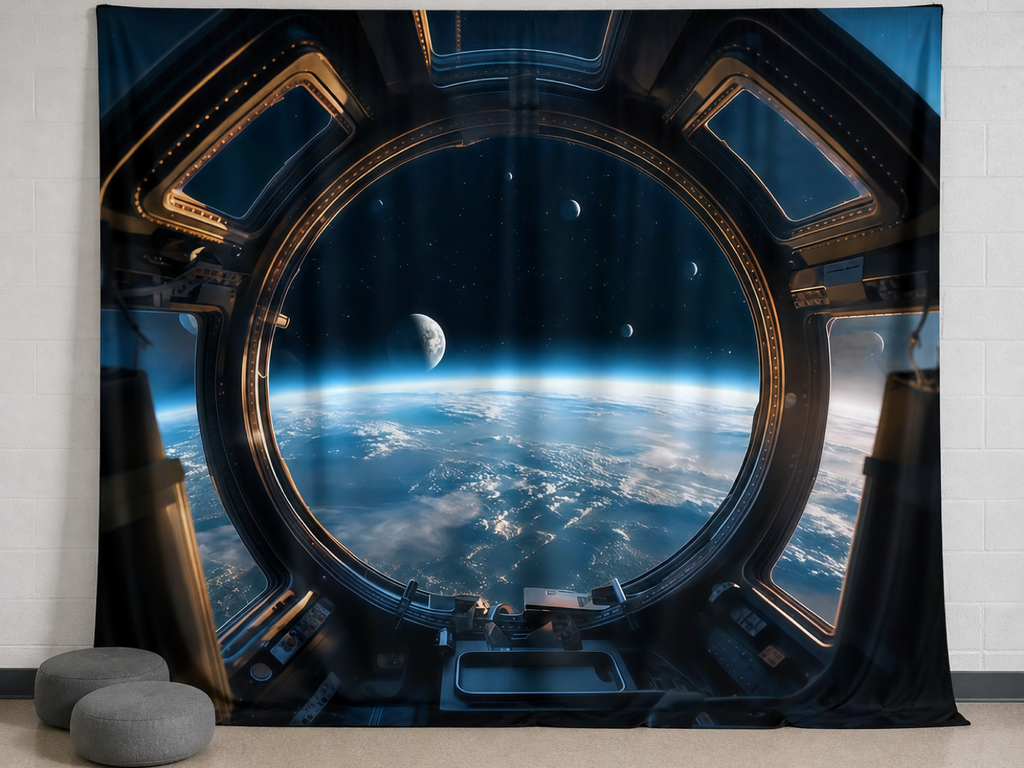 Outer space Earth porthole fabric backdrop with natural folds