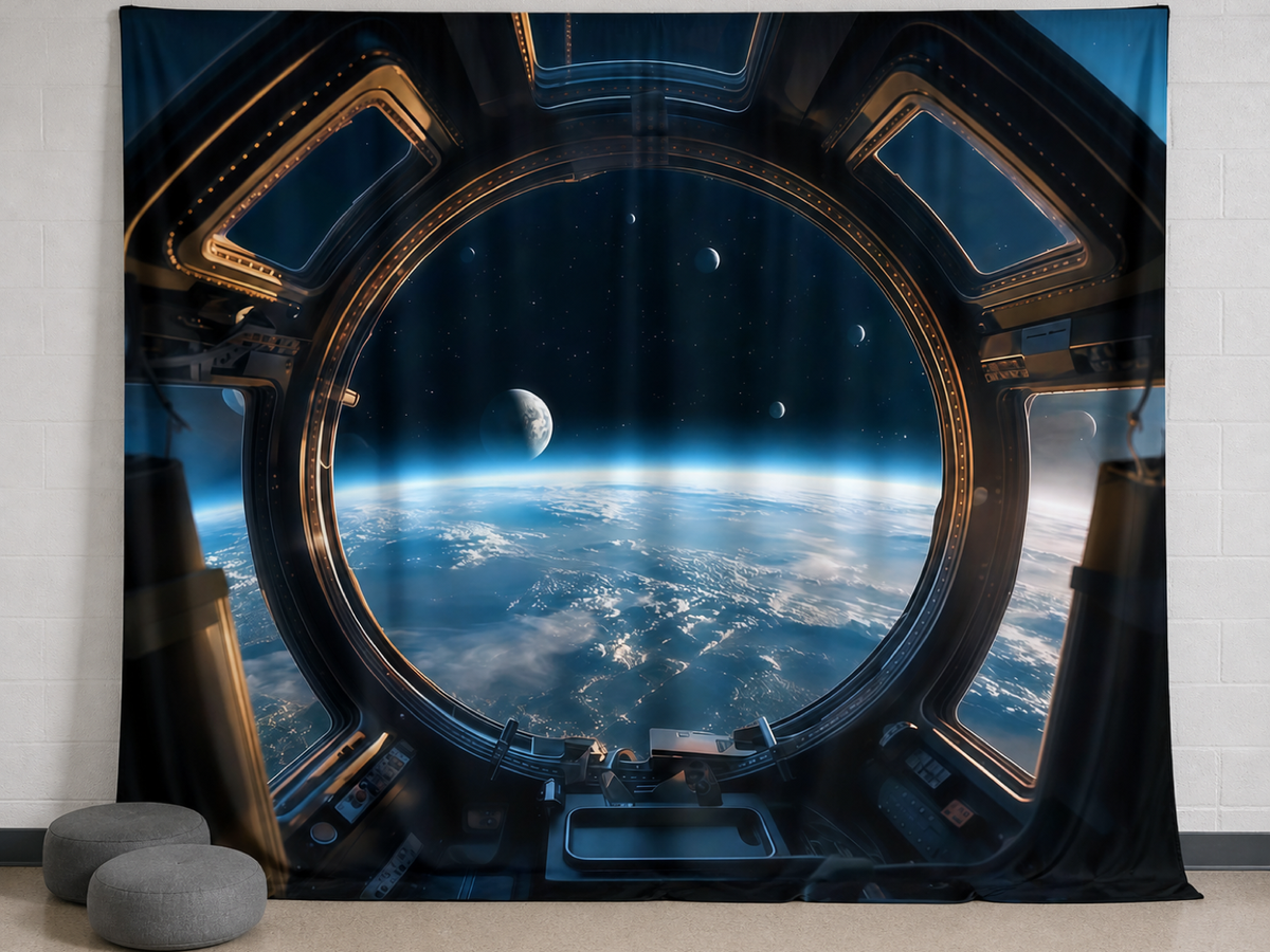 Outer space Earth porthole fabric backdrop with natural folds