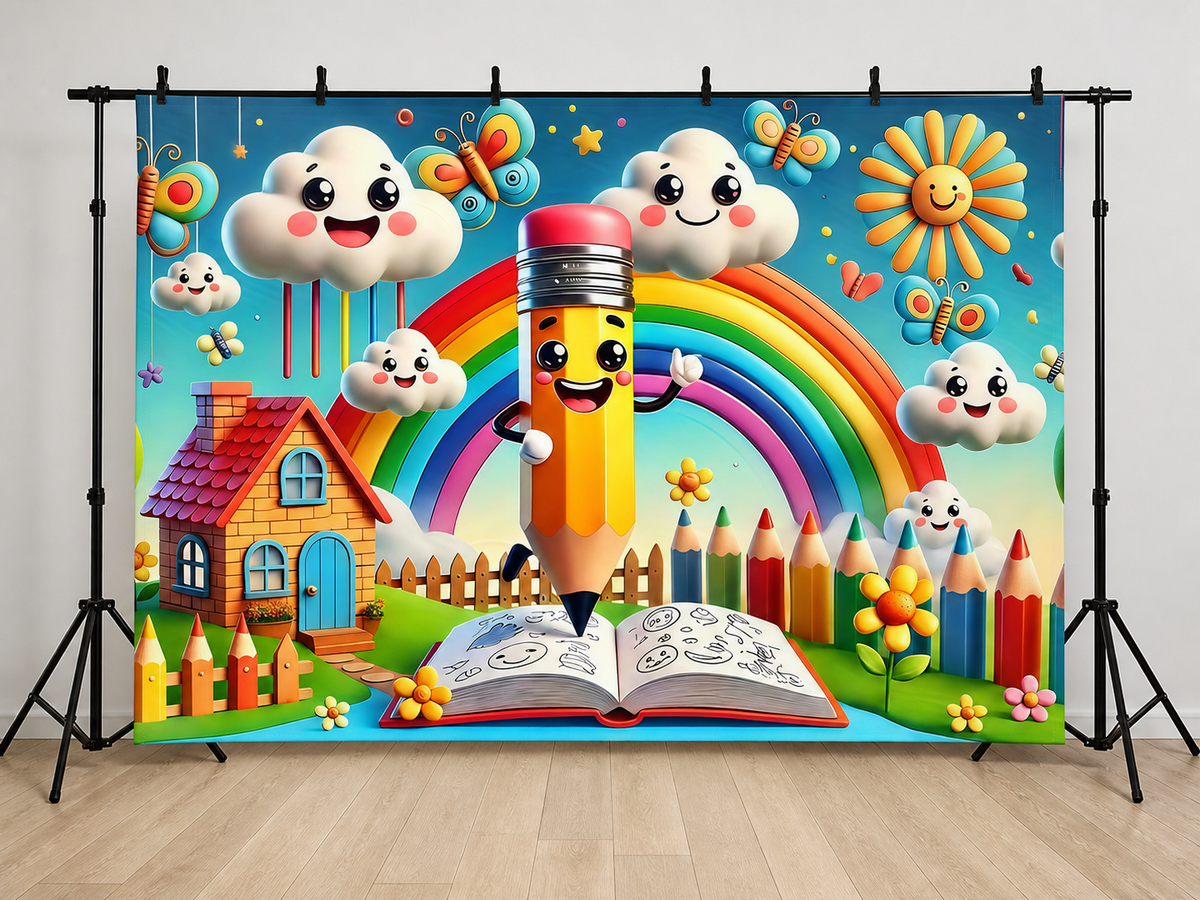 Rainbow Pencil Kids Celebration Backdrop application scene 2