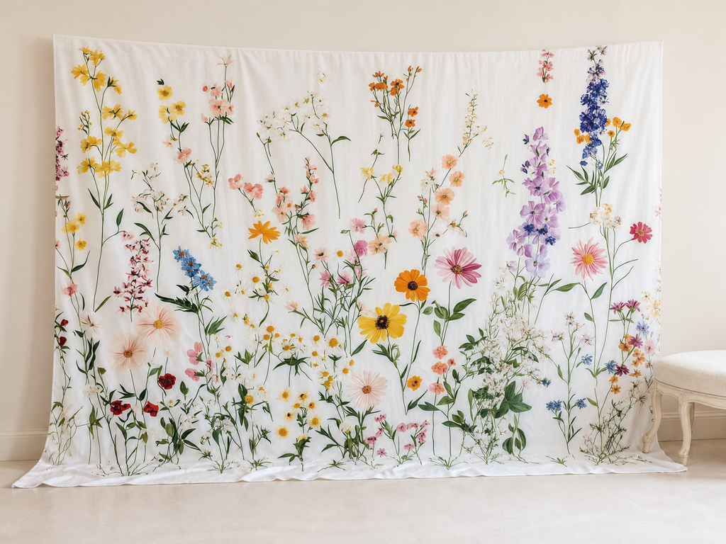 White multicolor wildflower photography backdrop in bridal studio
