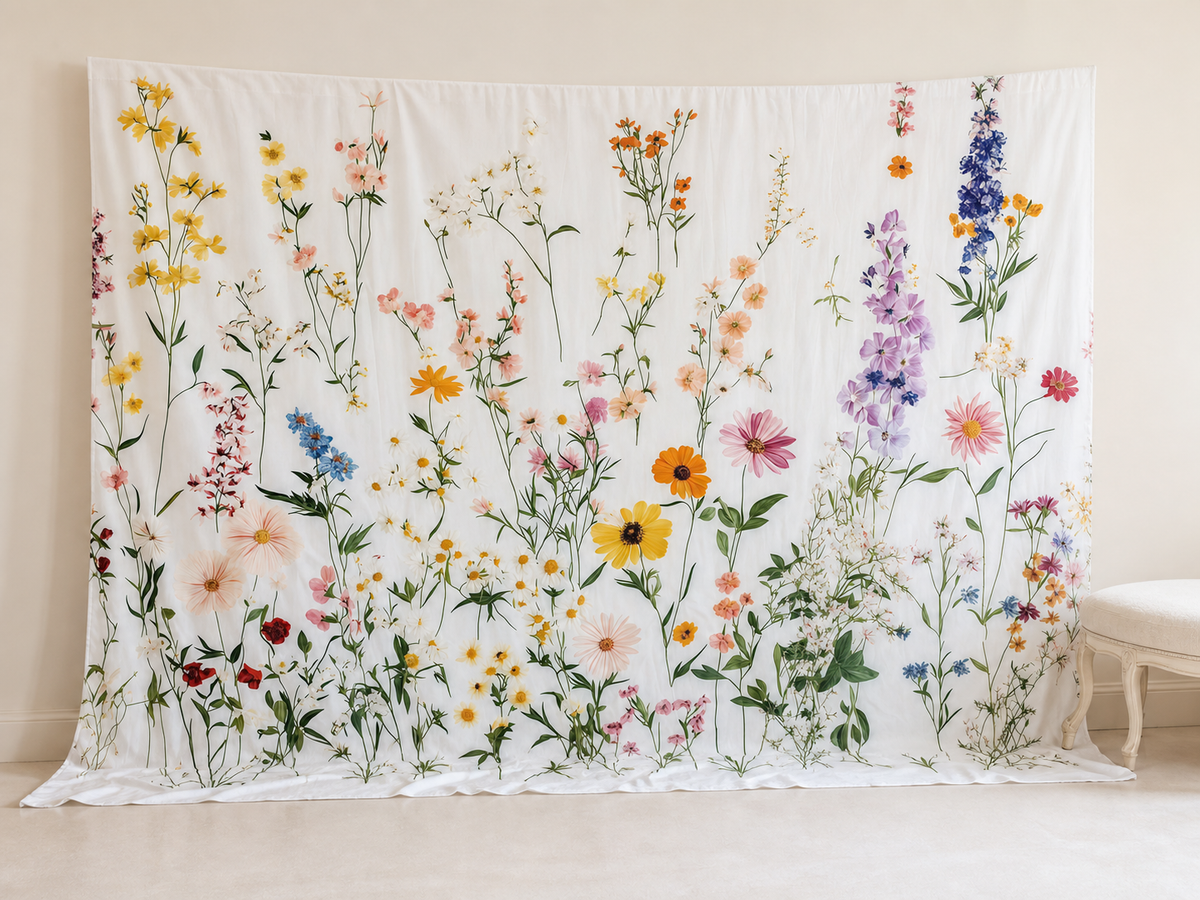 White multicolor wildflower photography backdrop in bridal studio