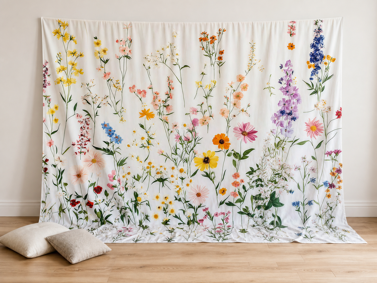 Spring wildflower fabric backdrop for family portraits