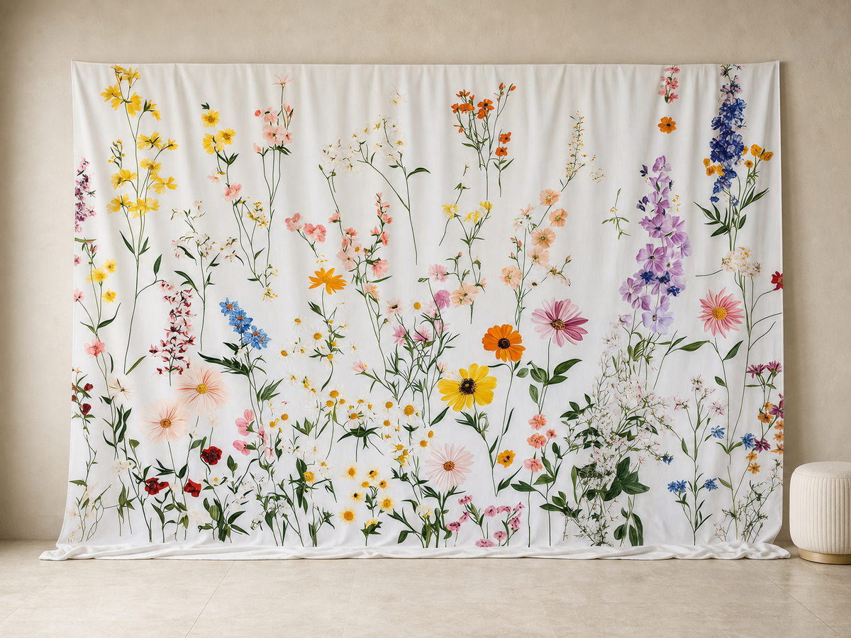 Multicolor floral photography backdrop in wedding portrait room