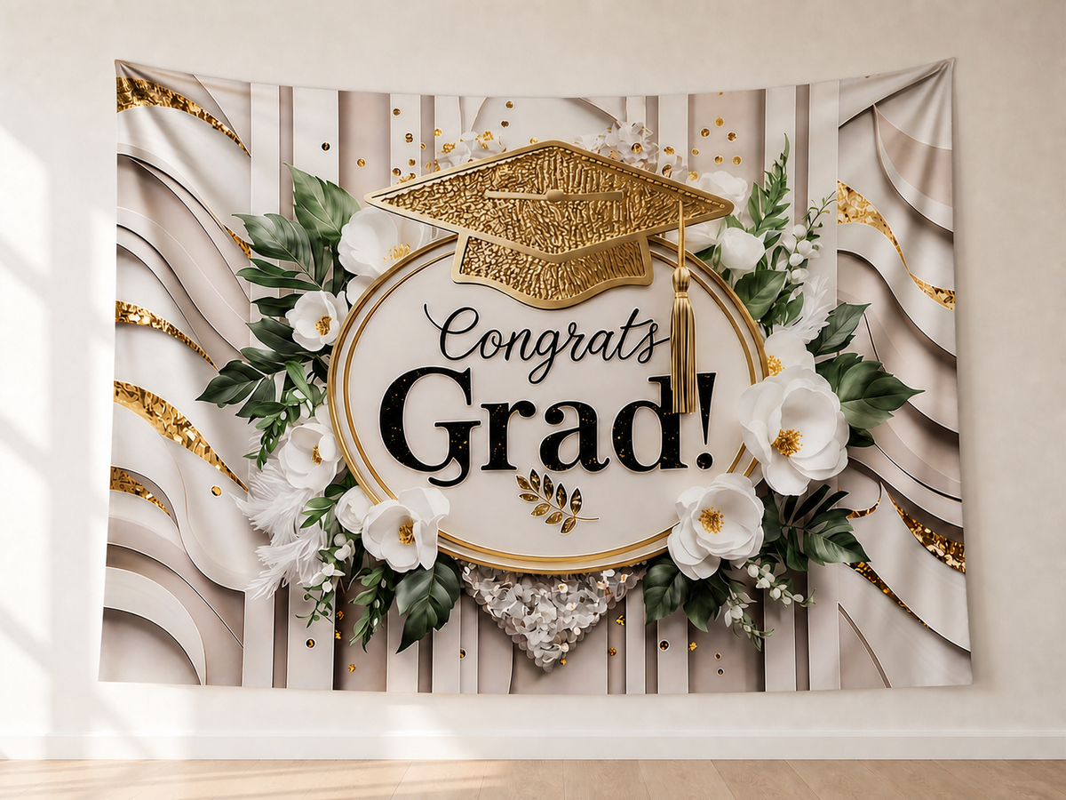 White and Gold Congrats Grad Backdrop shown as a hanging polyester backdrop
