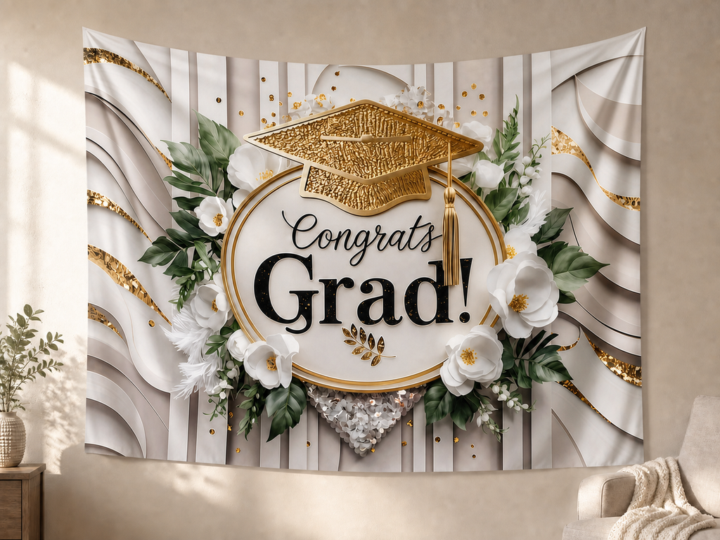 White and Gold Congrats Grad Backdrop shown in an alternate home setting