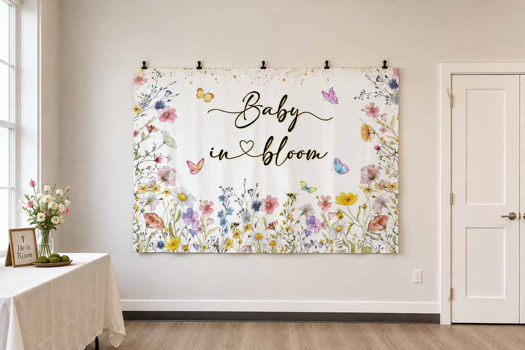 Baby in Bloom Wildflower Backdrop clipped directly to wall