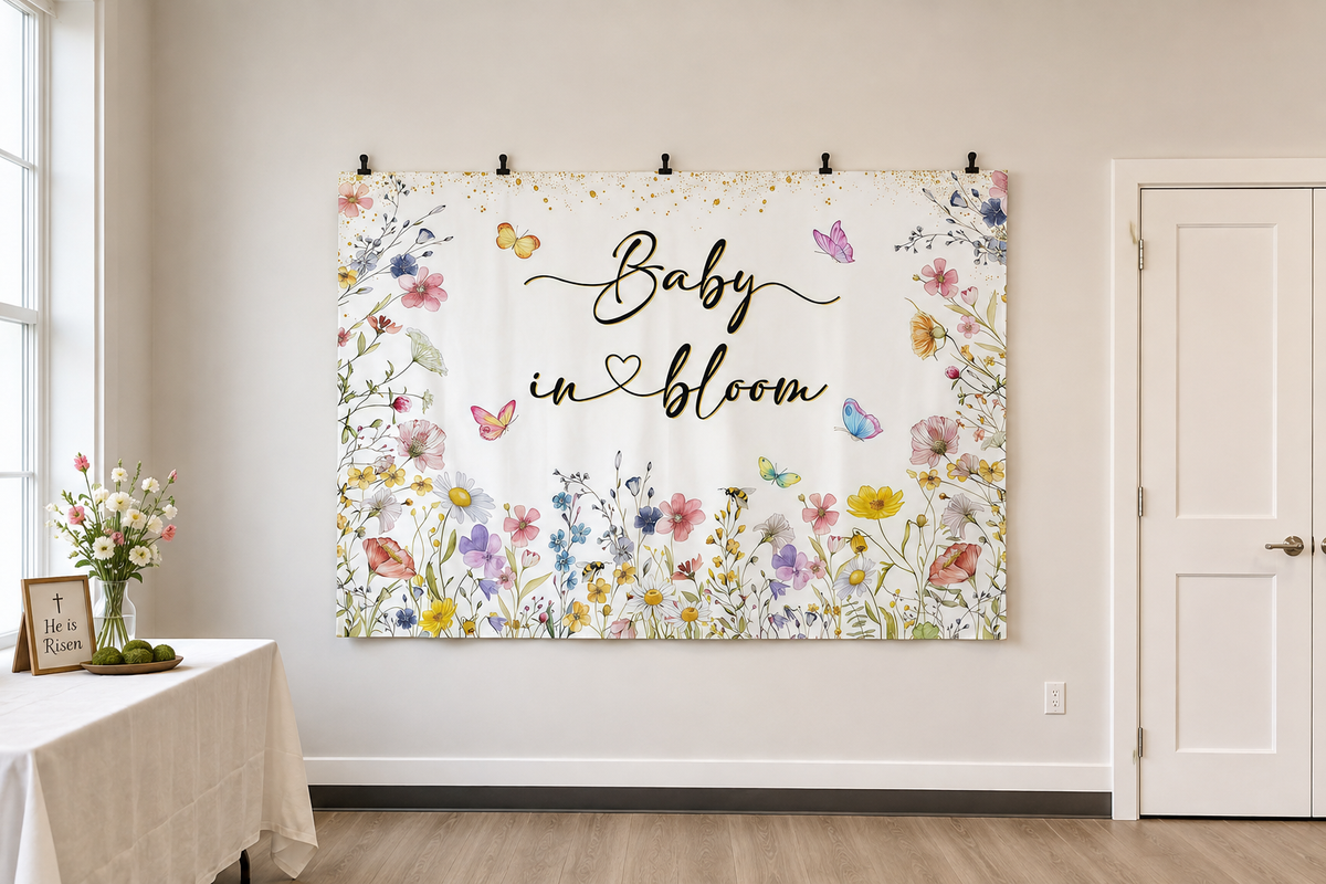 Baby in Bloom Wildflower Backdrop clipped directly to wall