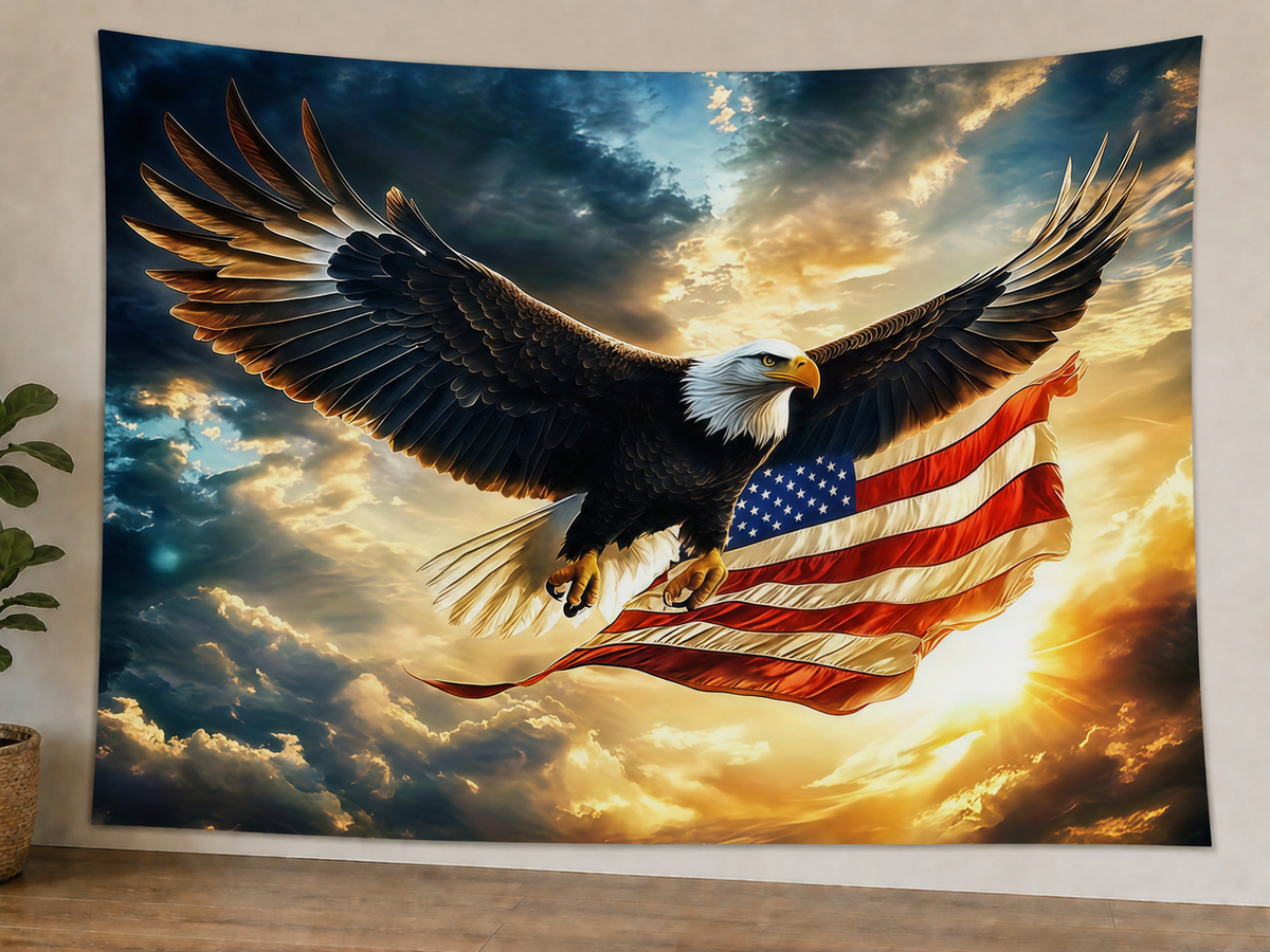 American Flag Eagle Backdrop displayed on a lightweight polyester backdrop