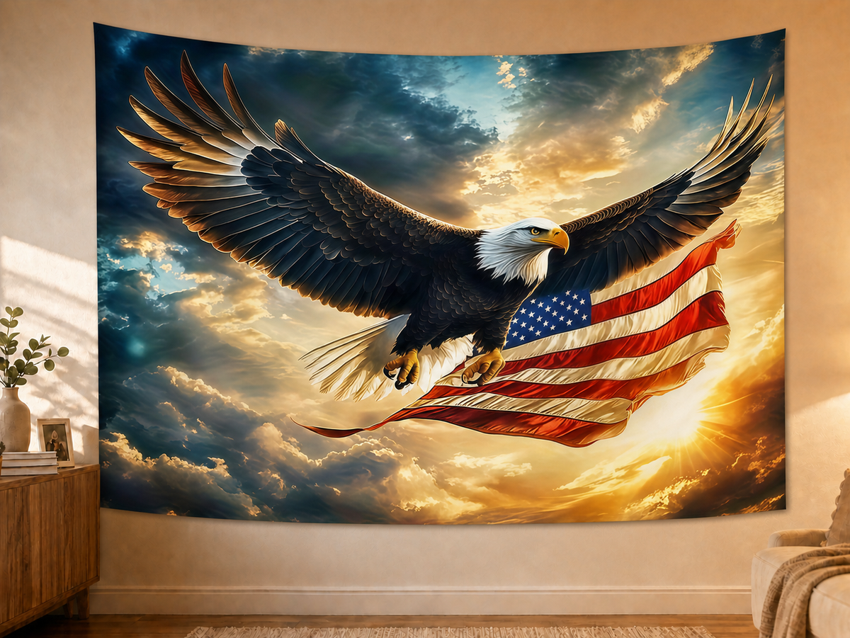American Flag Eagle Backdrop in a realistic home wall setting