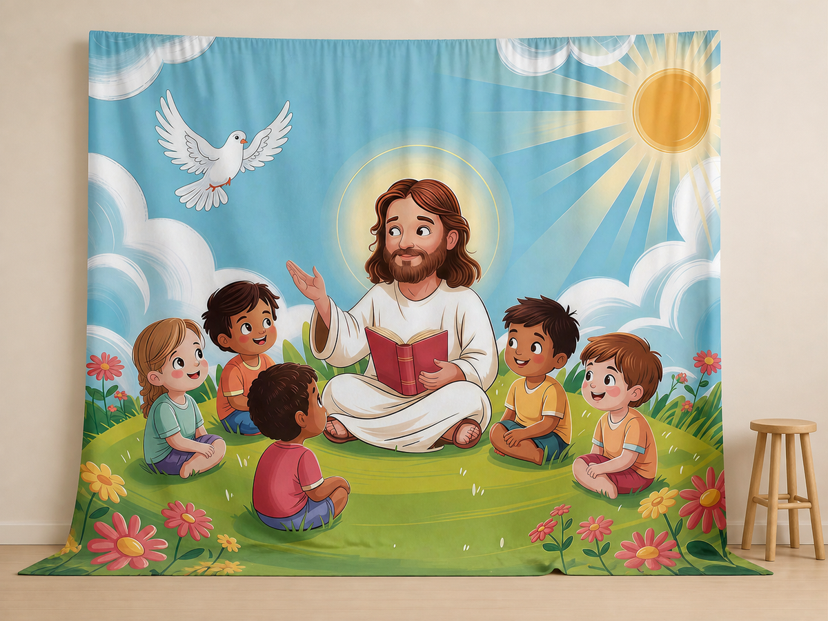 Cartoon Jesus teaching five children photography backdrop in Sunday school