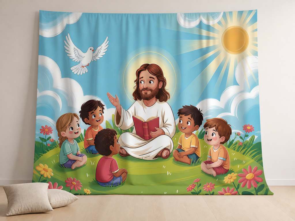 Christian children's ministry fabric backdrop with Jesus and dove