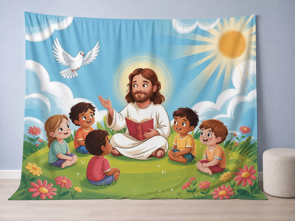Jesus and children photography backdrop in church portrait room