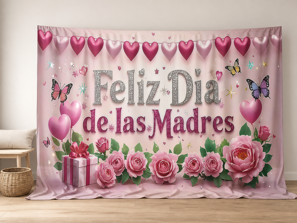 Feliz Dia de las Madres pink roses photography backdrop in a family portrait scene