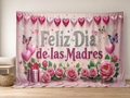 Feliz Dia de las Madres pink roses photography backdrop in a family portrait scene