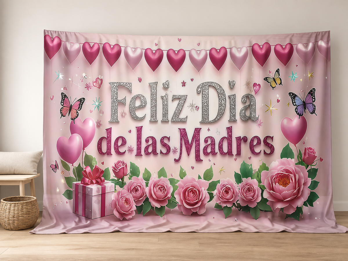 Feliz Dia de las Madres pink roses photography backdrop in a family portrait scene