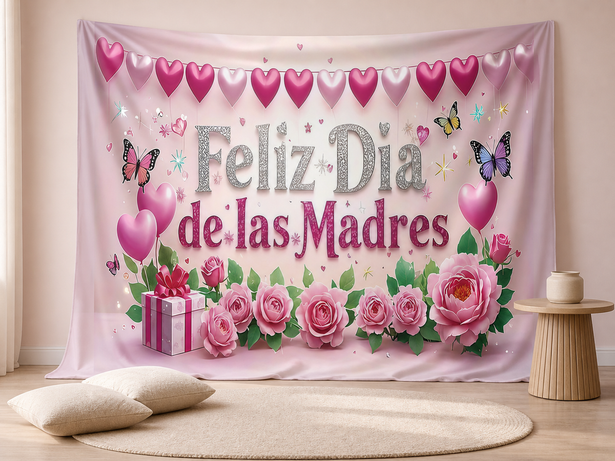 Feliz Dia de las Madres pink roses photography backdrop in a Mother's Day brunch scene