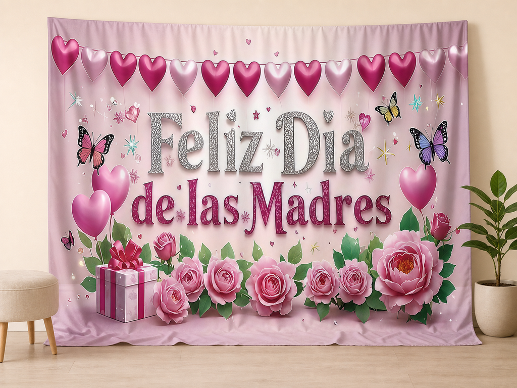 Feliz Dia de las Madres pink roses photography backdrop in a boutique event scene