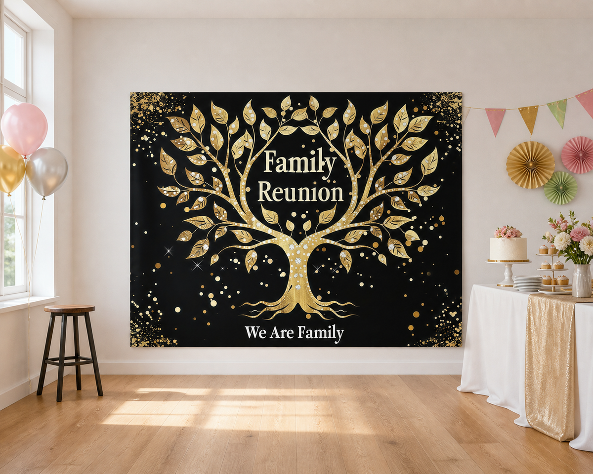 Black Gold Family Reunion Tree Backdrop scene 1