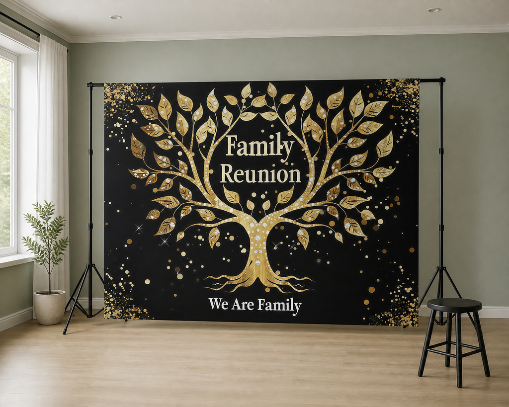 Black Gold Family Reunion Tree Backdrop scene 2
