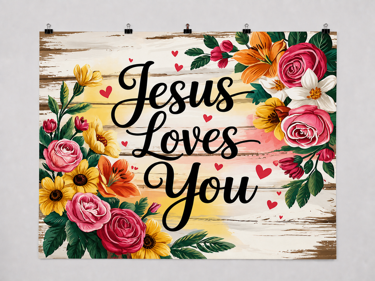 Jesus Loves You Floral printed polyester backdrop, shown at244 x183cm with straight-cut unhemmed edges and wall clips. Flat printed scenery; accessories not included.