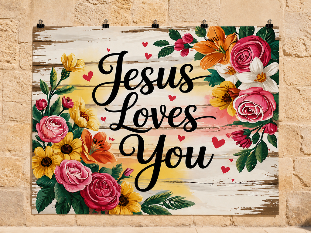 Jesus Loves You Floral printed polyester backdrop, shown at244 x183cm with straight-cut unhemmed edges and wall clips. Flat printed scenery; accessories not included.