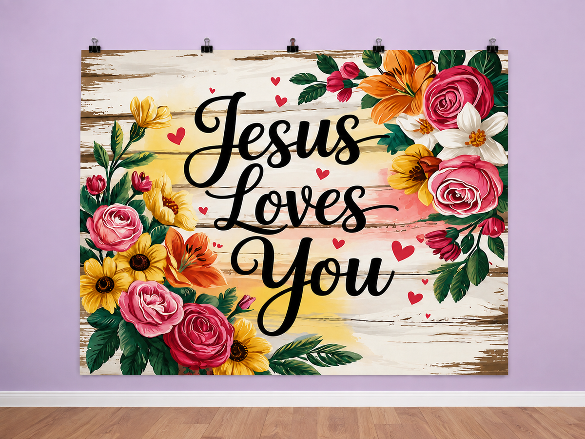 Jesus Loves You Floral printed polyester backdrop, shown at244 x183cm with straight-cut unhemmed edges and wall clips. Flat printed scenery; accessories not included.