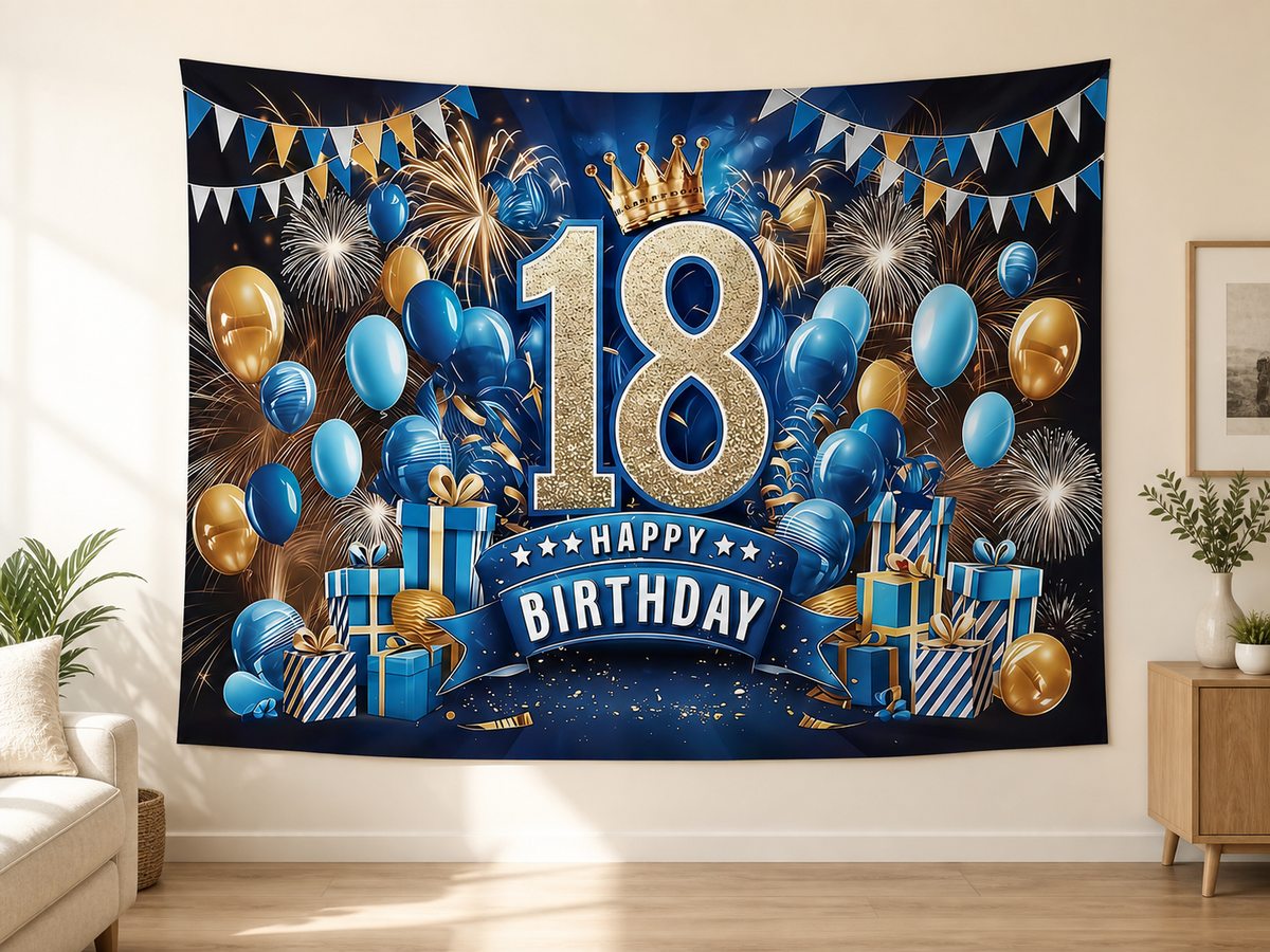 Blue Gold 18th Birthday Backdrop indoor application scene