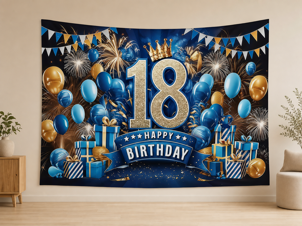 Blue Gold 18th Birthday Backdrop indoor application scene