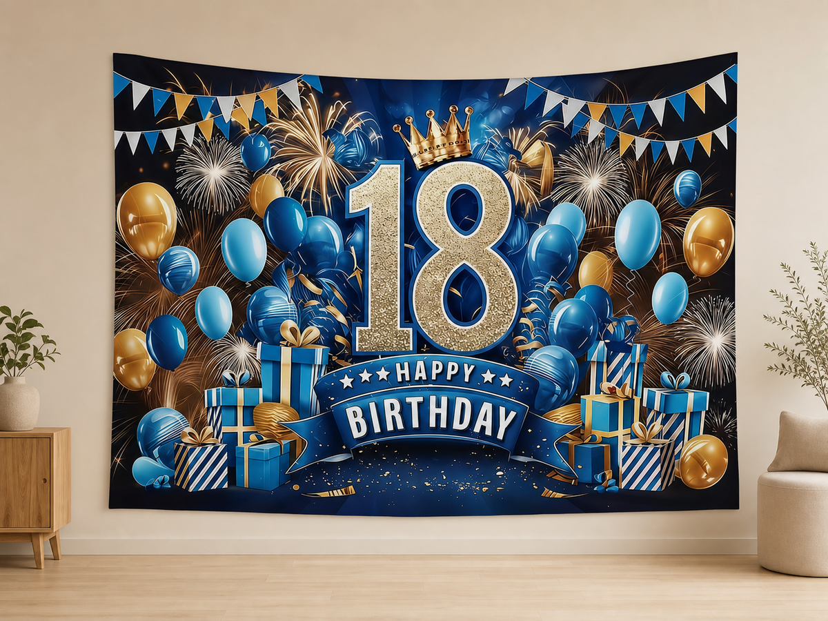 Blue Gold 18th Birthday Backdrop indoor application scene