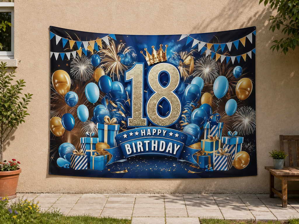 Blue Gold 18th Birthday Backdrop garden application scene