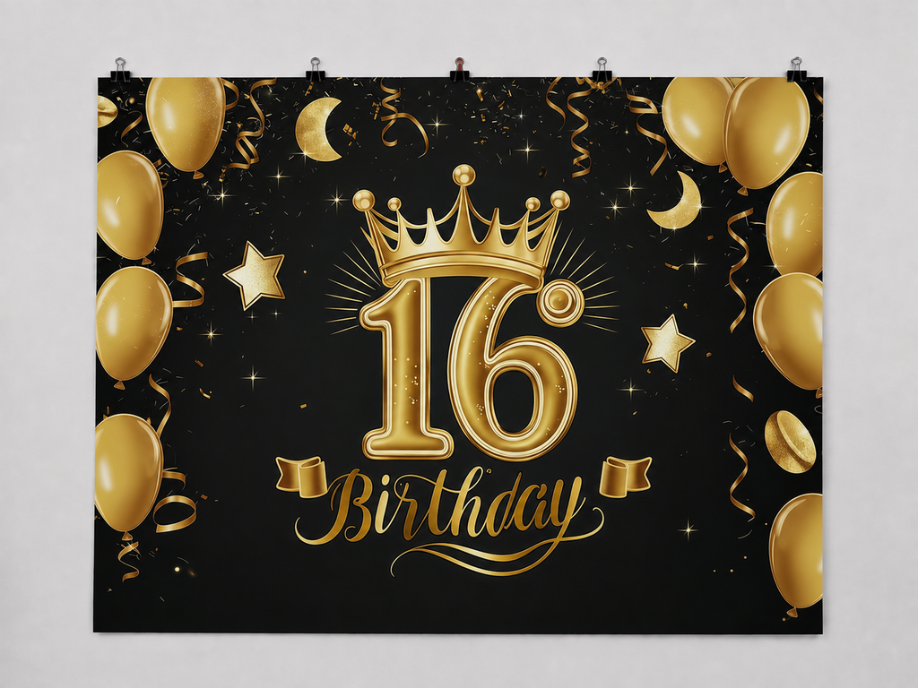 Gold 16th Birthday printed polyester backdrop, shown at244 x183cm with straight-cut unhemmed edges and wall clips. Flat printed scenery; accessories not included.
