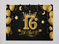 Gold 16th Birthday printed polyester backdrop, shown at244 x183cm with straight-cut unhemmed edges and wall clips. Flat printed scenery; accessories not included.