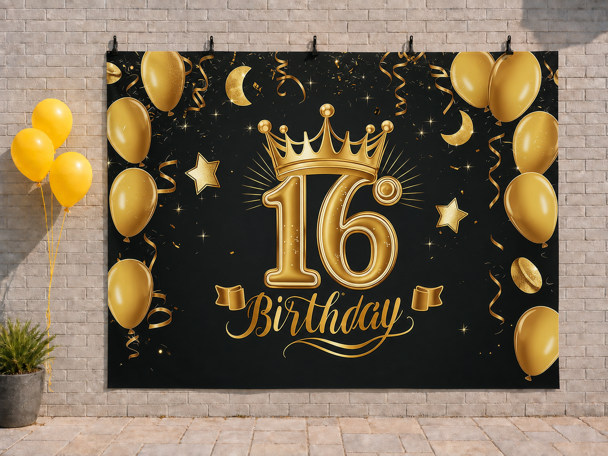 Gold 16th Birthday printed polyester backdrop, shown at244 x183cm with straight-cut unhemmed edges and wall clips. Flat printed scenery; accessories not included.