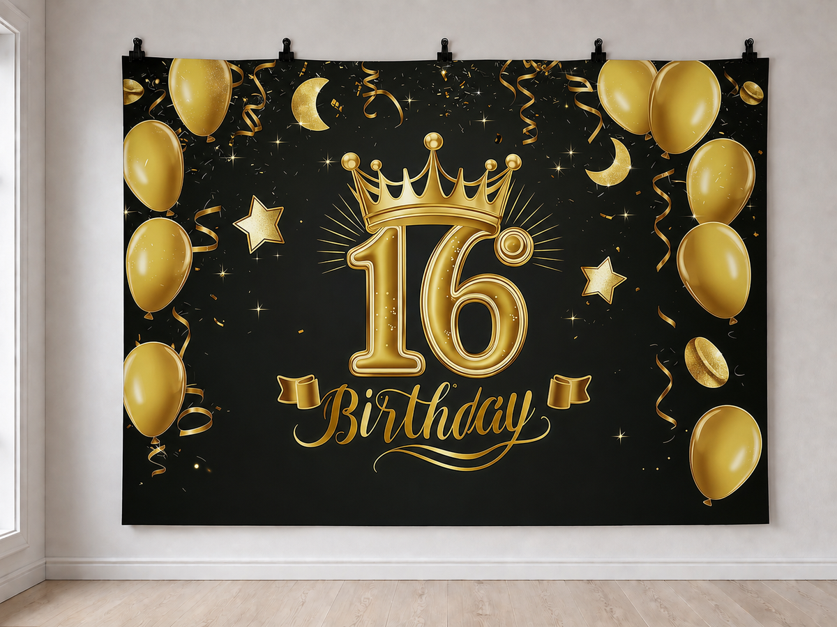 Gold 16th Birthday printed polyester backdrop, shown at244 x183cm with straight-cut unhemmed edges and wall clips. Flat printed scenery; accessories not included.
