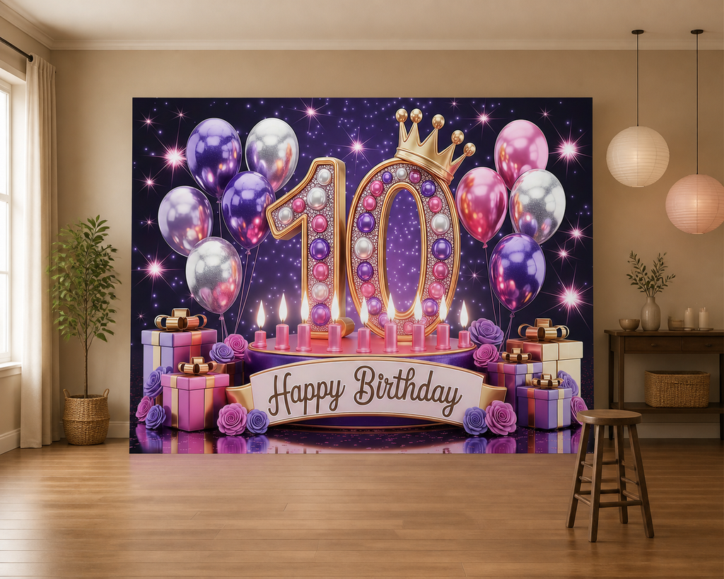 Purple Pink 10th Birthday Backdrop scene 1