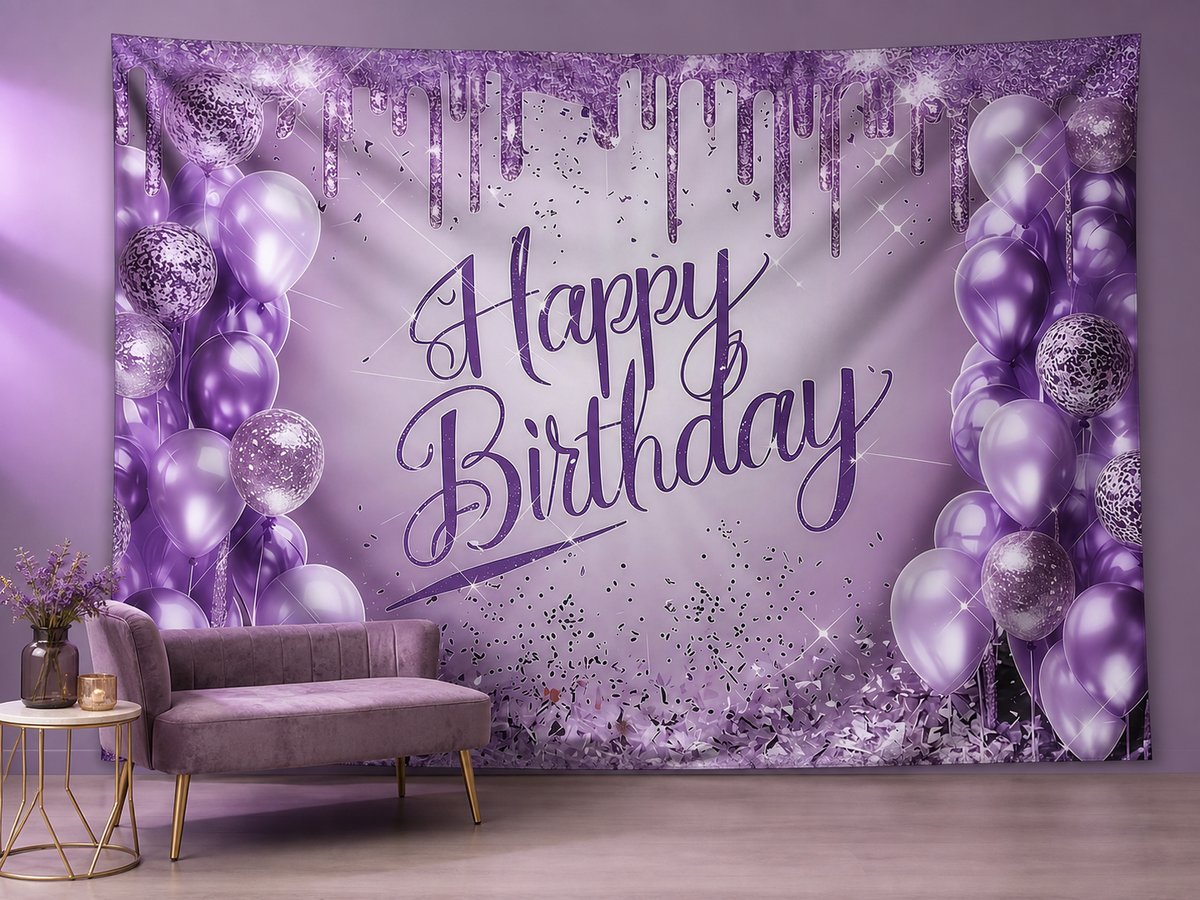 Purple Glitter Balloon Birthday Backdrop portrait corner