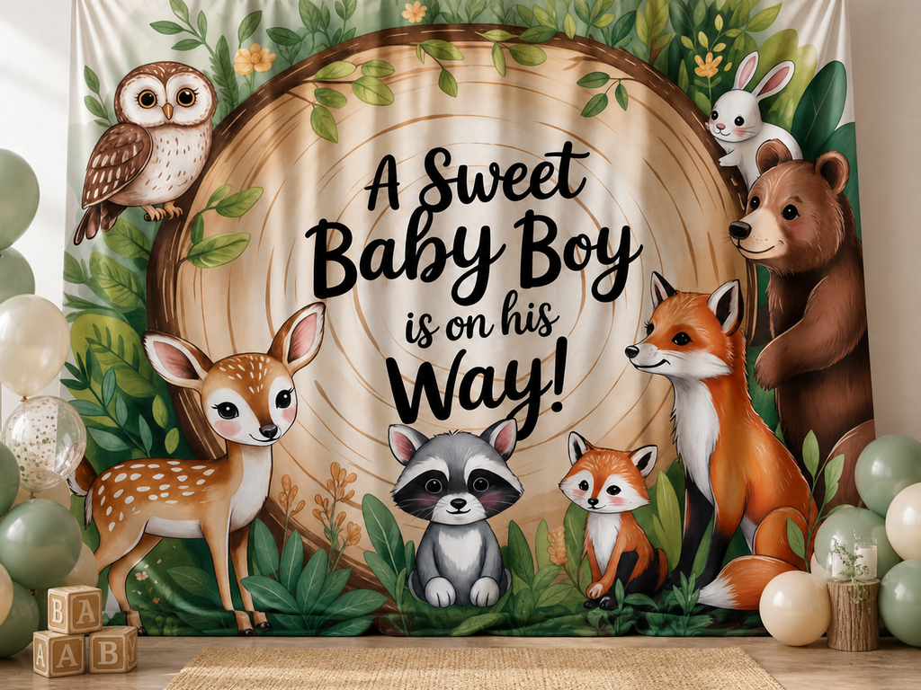 Woodland Baby Boy Shower fabric photography backdrop scene 1