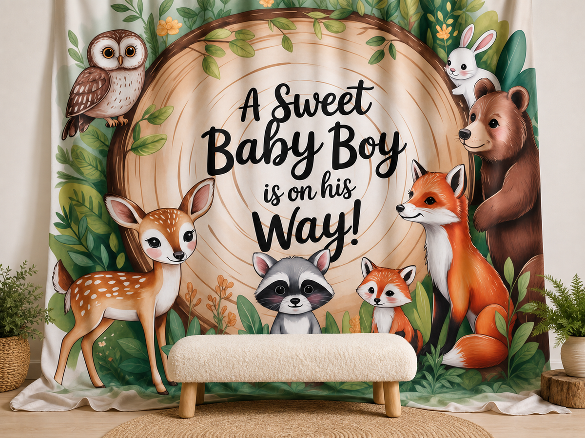 Woodland Baby Boy Shower fabric photography backdrop scene 2