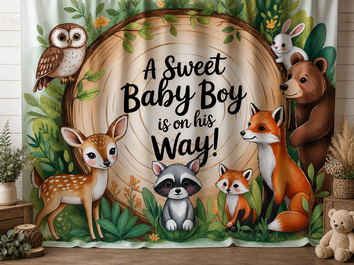 Woodland Baby Boy Shower fabric photography backdrop scene 3