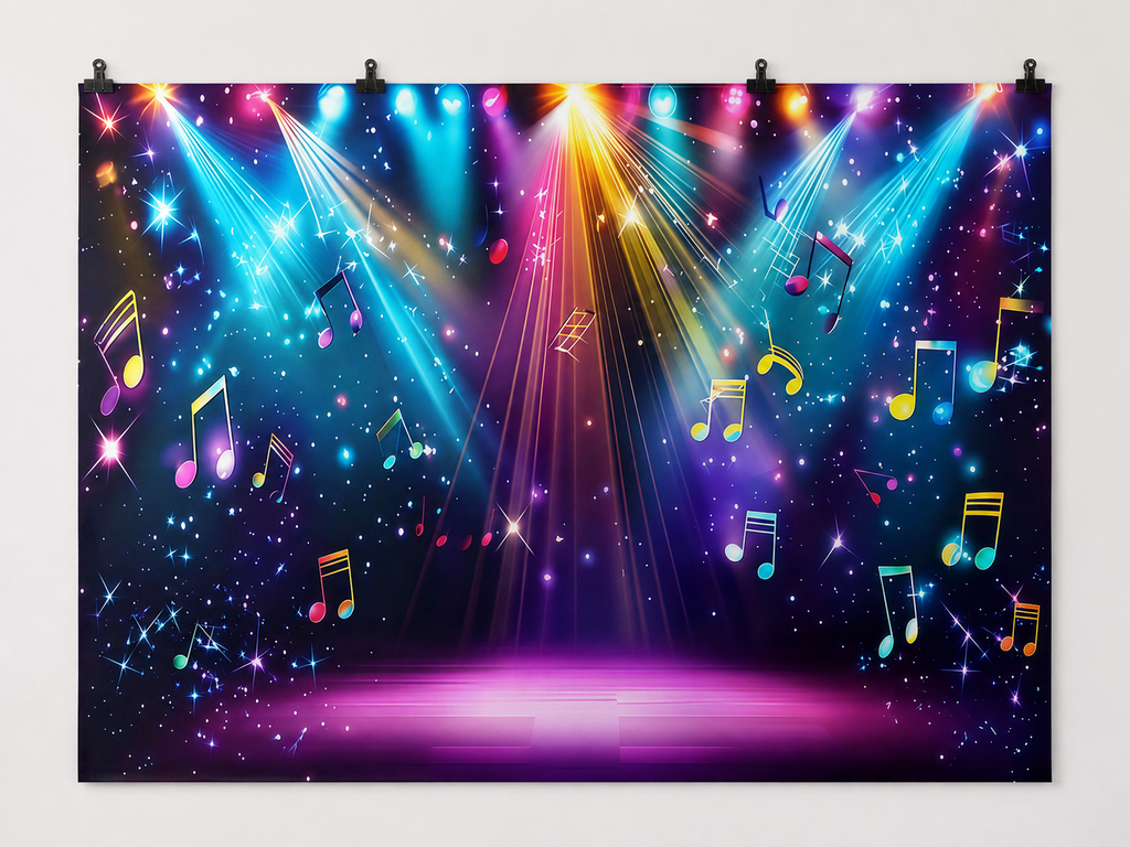 Rainbow Stage Lights and Music Notes Backdrop — complete flat printed design; accessories not included