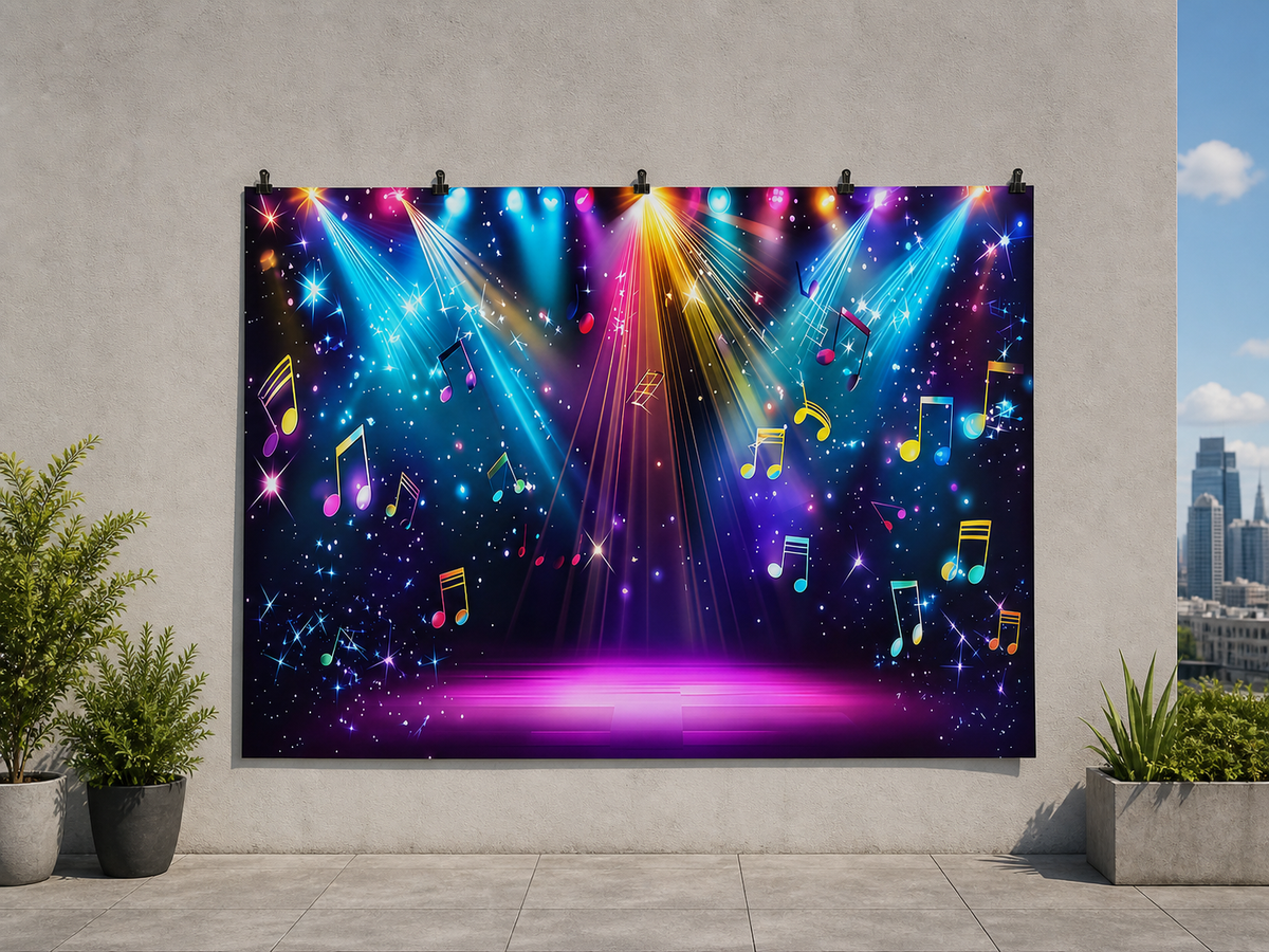 Rainbow Stage Lights and Music Notes Backdrop — temporary dry outdoor wall-clip display; accessories not included