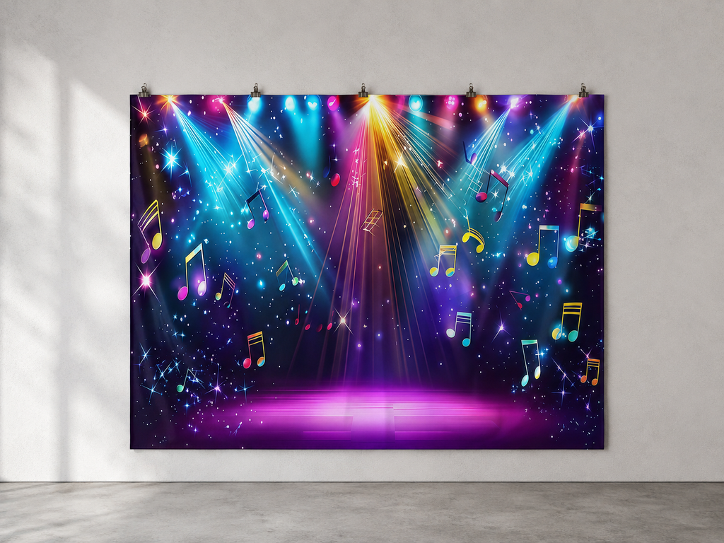 Rainbow Stage Lights and Music Notes Backdrop — indoor wall-clip display; accessories not included