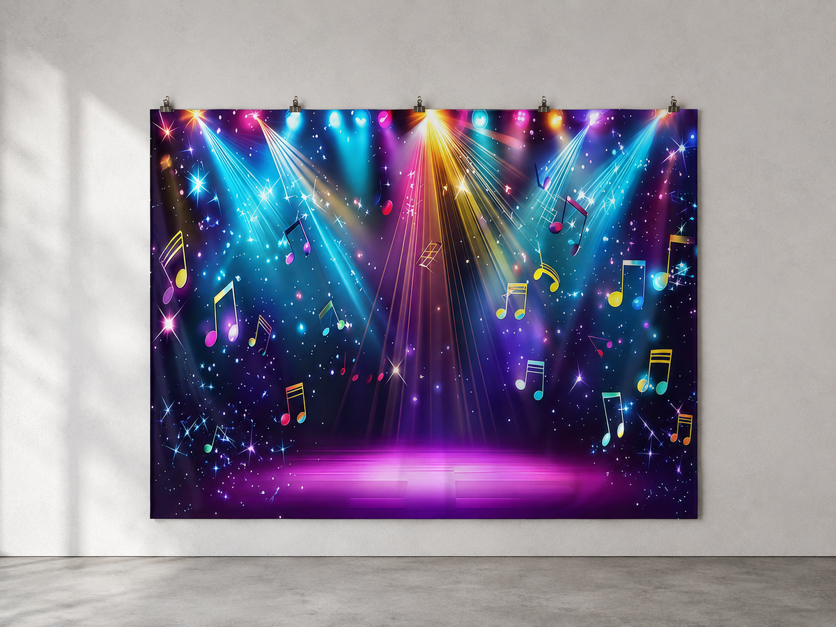 Rainbow Stage Lights and Music Notes Backdrop — indoor wall-clip display; accessories not included