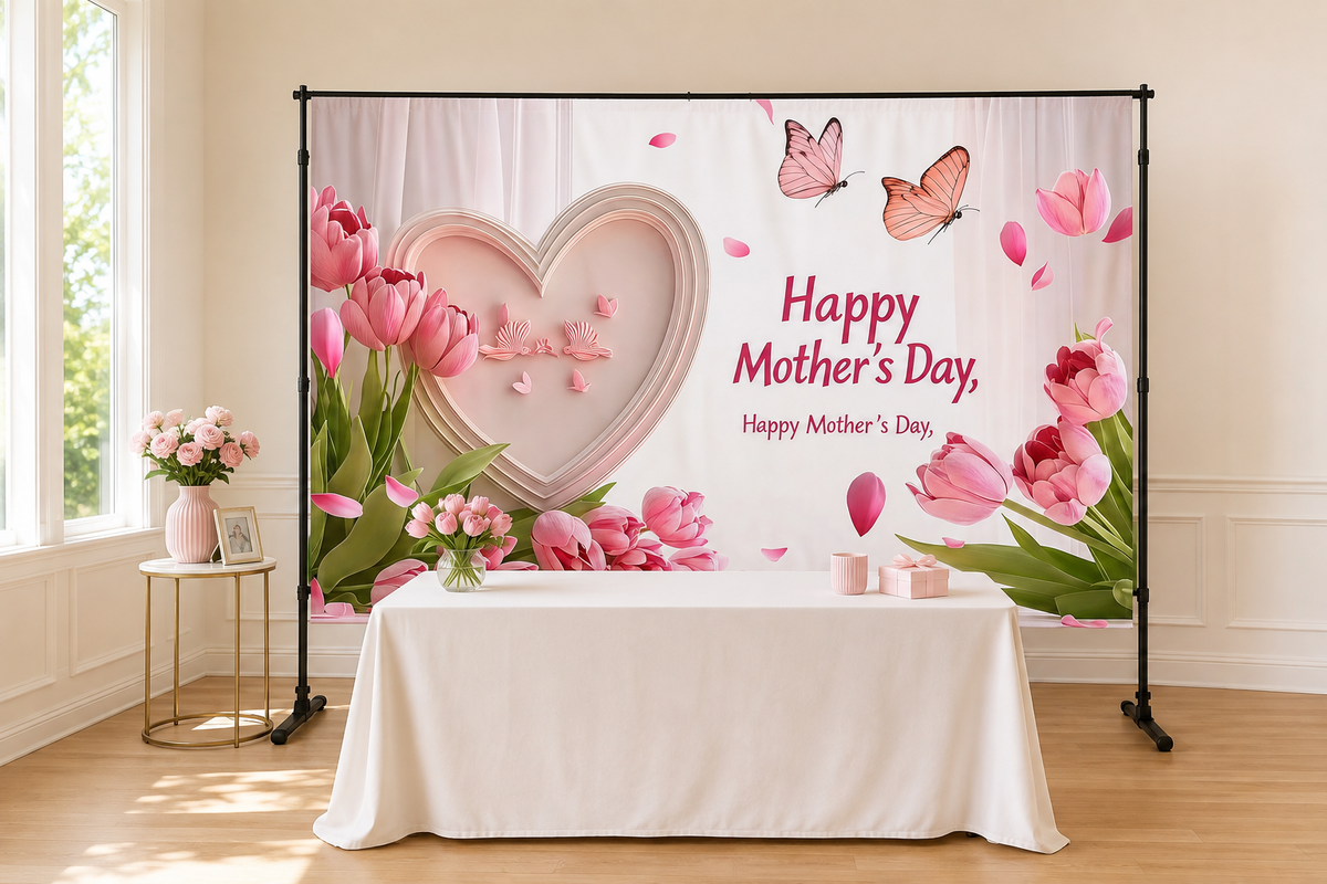 Pink Tulip Mother's Day Backdrop in event studio