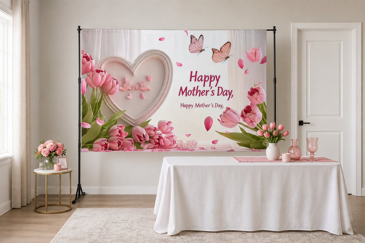 Pink Tulip Mother's Day Backdrop in alternate room setting