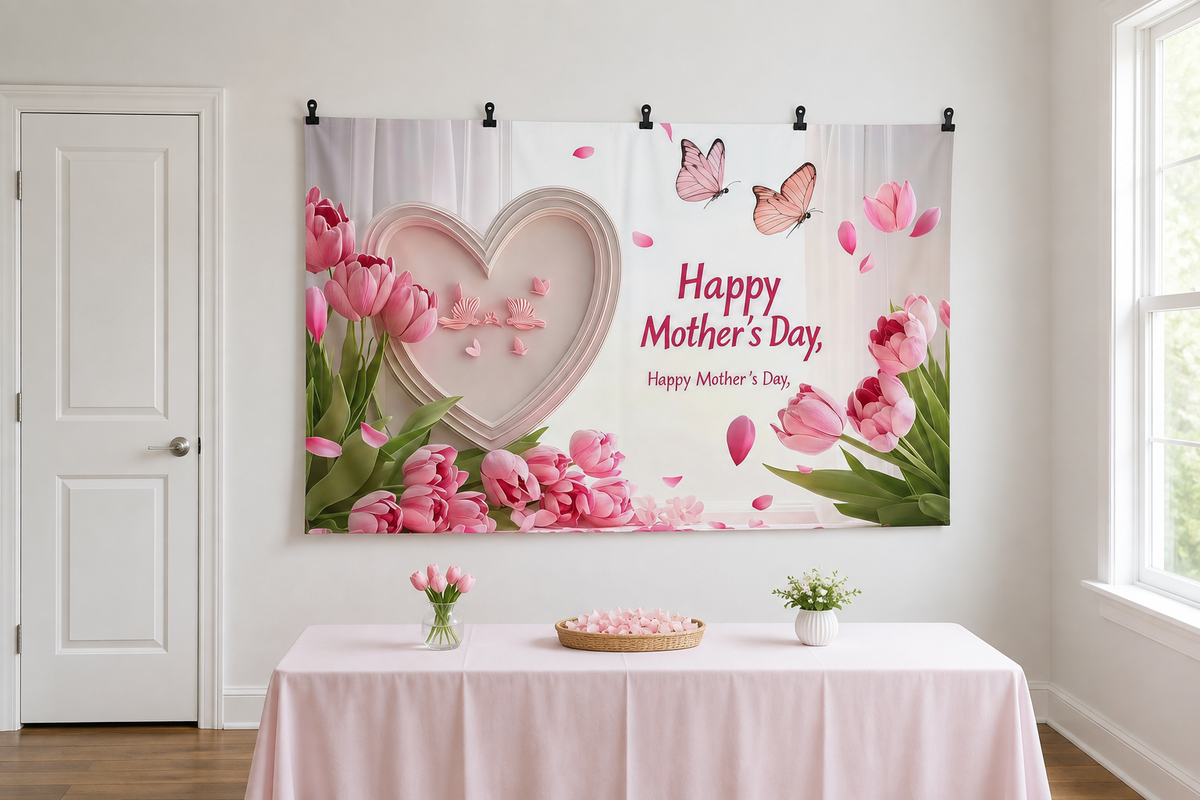Pink Tulip Mother's Day Backdrop clipped directly to wall