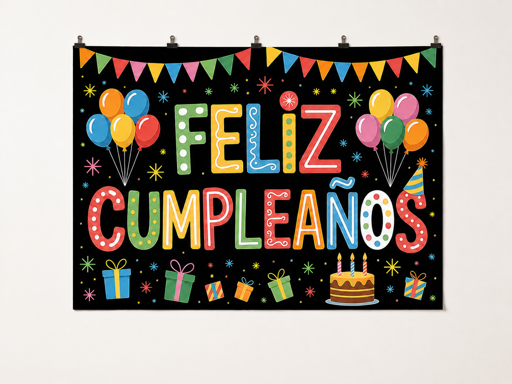 Colorful Feliz Cumpleaños Birthday Backdrop — complete flat printed design; accessories not included