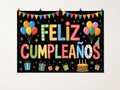 Colorful Feliz Cumpleaños Birthday Backdrop — complete flat printed design; accessories not included