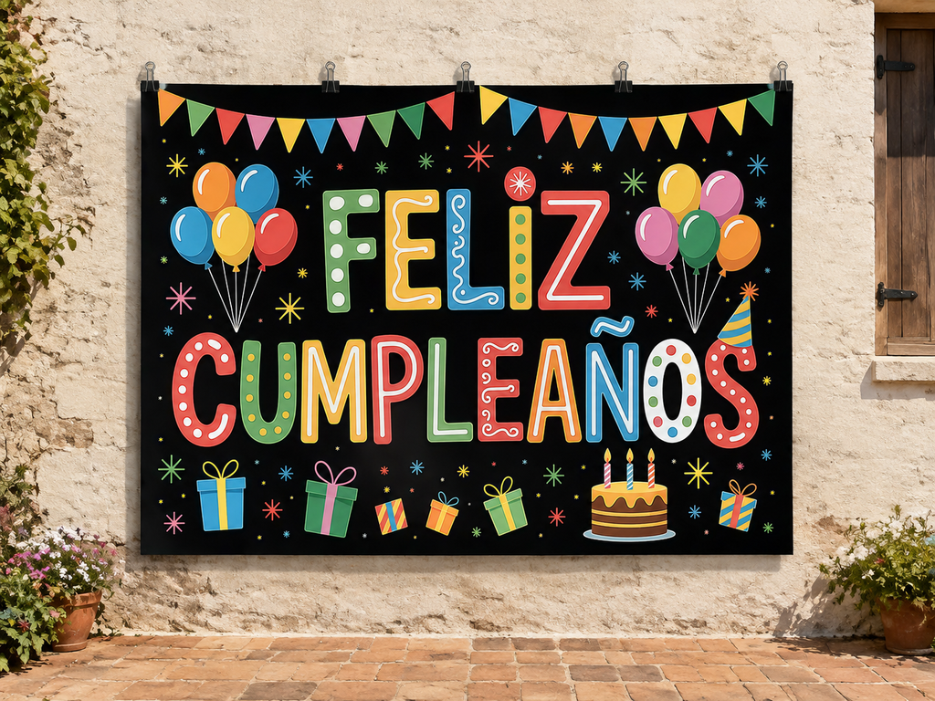 Colorful Feliz Cumpleaños Birthday Backdrop — temporary dry outdoor wall-clip display; accessories not included