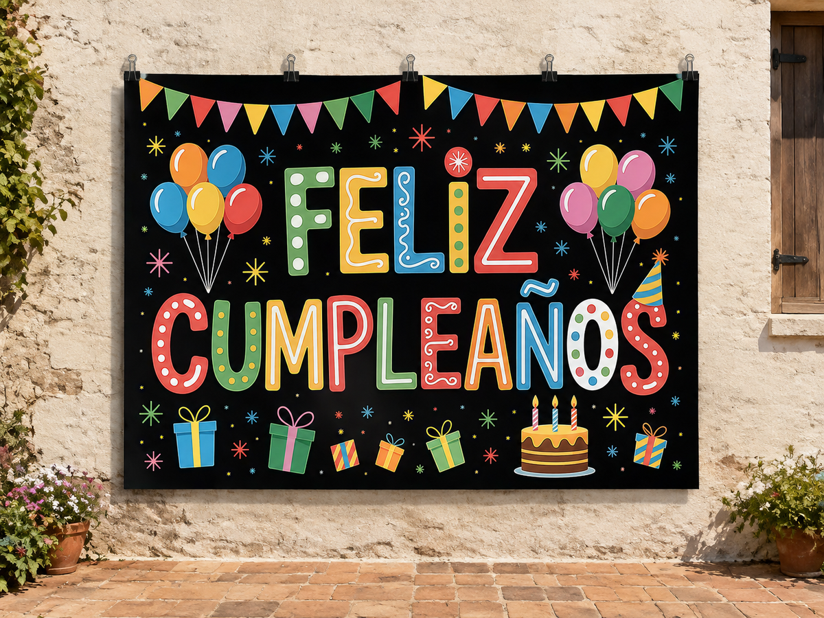 Colorful Feliz Cumpleaños Birthday Backdrop — temporary dry outdoor wall-clip display; accessories not included